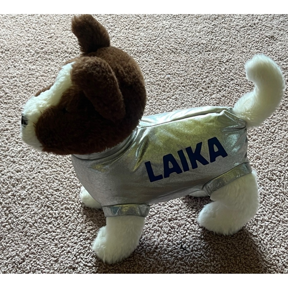 Laika the Space Dog Plush 12.5 Inch White Brown Dog Metallic Silver Space Suit